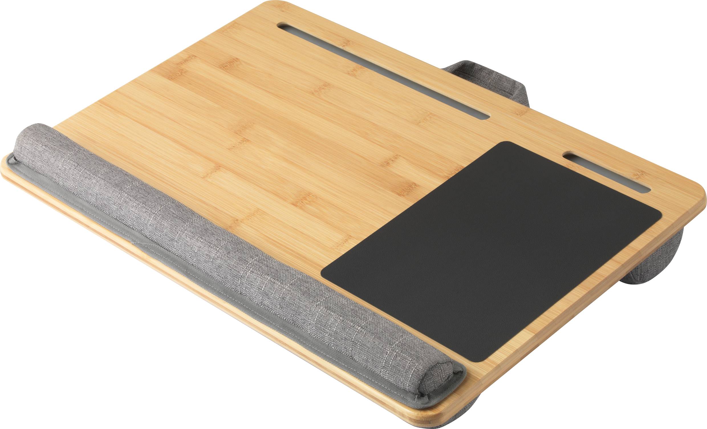 Trælaptopbord med grå stofpolstring og integreret musepadtaske. Perfekt til behagelig arbejde på sofa eller seng.