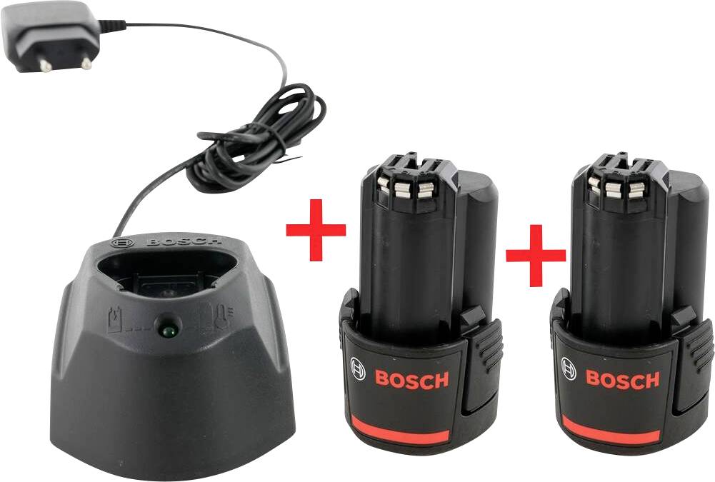 En oplader med et netledning og to sorte Bosch-batterier. Baggrunden er neutral, og billedet fremhæver opladningstilbehøret.