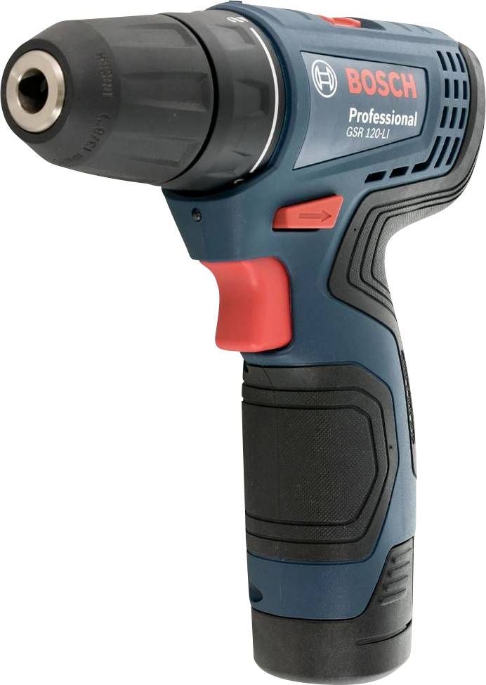 Bosch-akku-skruemaskine, model GSR 120-LI, viser designet og det ergonomiske håndtag.