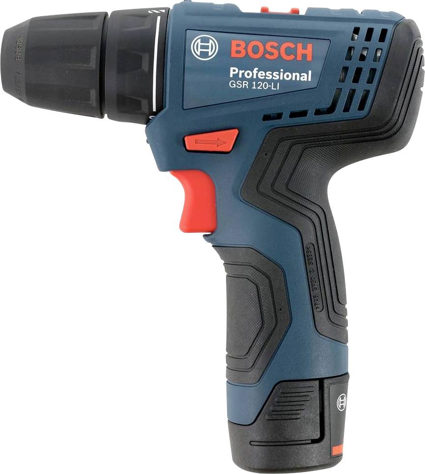 En blå Bosch akuskruetrækker med rød kontakt, model 'GSR 120-LI', ligger på højre side.
