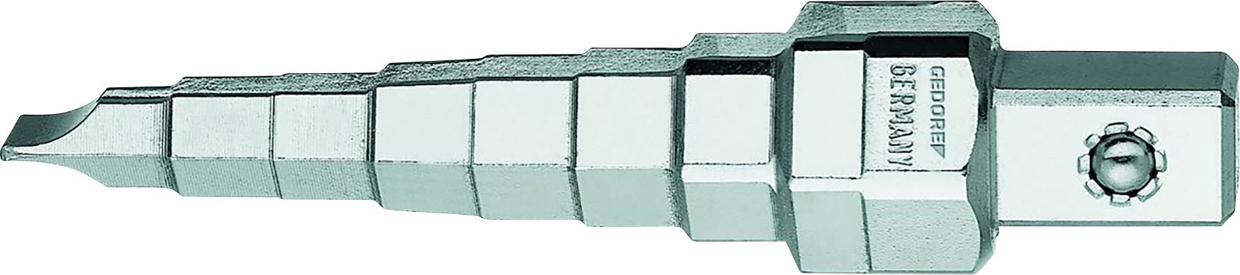 Metalværktøj med trinvise kanter, cylindrisk form. Graveret med 'Germany' som oprindelsesangivelse. Bruges i industrielle applikationer.