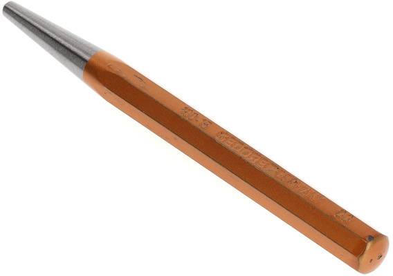 En konisk splitdrivare af metal med orange håndtag, som bruges til at placere og fjerne splitter eller stifter.