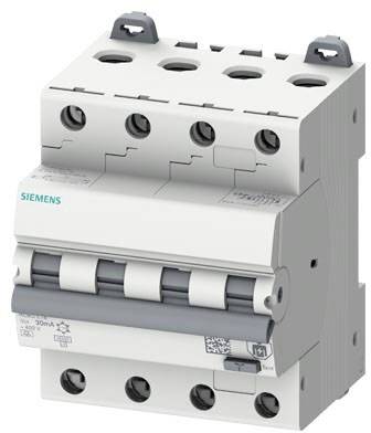 En grå-hvid sikringsskinner fra Siemens, med fire kontakter og tilslutningsåbninger, til beskyttelse af elektriske ledninger.