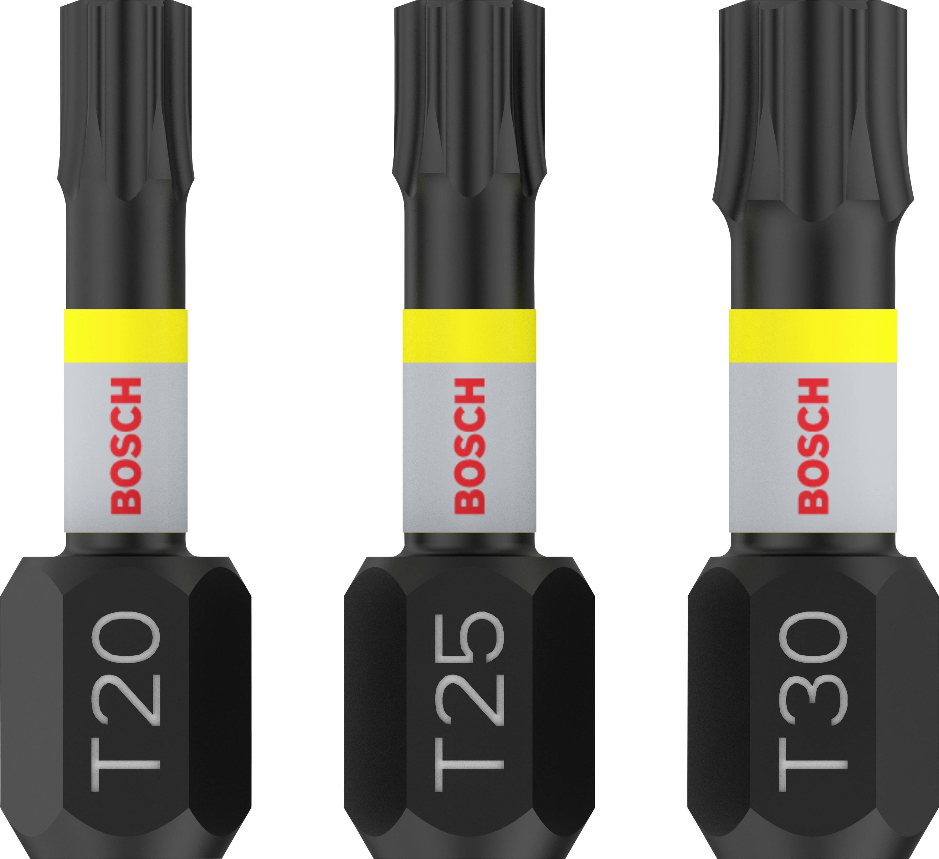 Tre Bosch Bit-Torx skruetrækkere med størrelserne T20, T25 og T30 står ved siden af hinanden. De er sorte med gule og grå ringe.