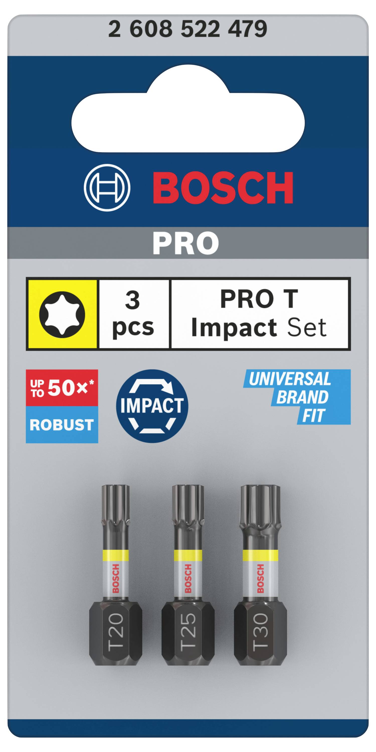 'Bosch Pro' bitsæt i emballage med tre Torx-bits: T20, T25, T30. Tekst på emballage fremhæver 'op til 50x robust', 'Impact', 'Universal Brand Fit'.