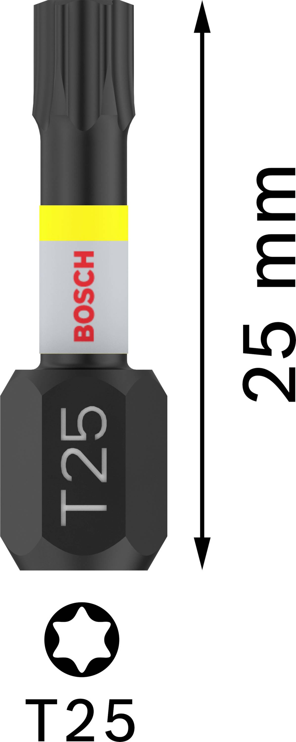 'T25-Torx-Bit' vist, længde: 25 mm. Med sort spids og gul ring over den røde 'BOSCH'-påskrift på grå baggrund.