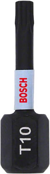 Bitsskruetrækkerindsats med påskriften 'T10' og rødt 'Bosch'-logo på blå baggrund.