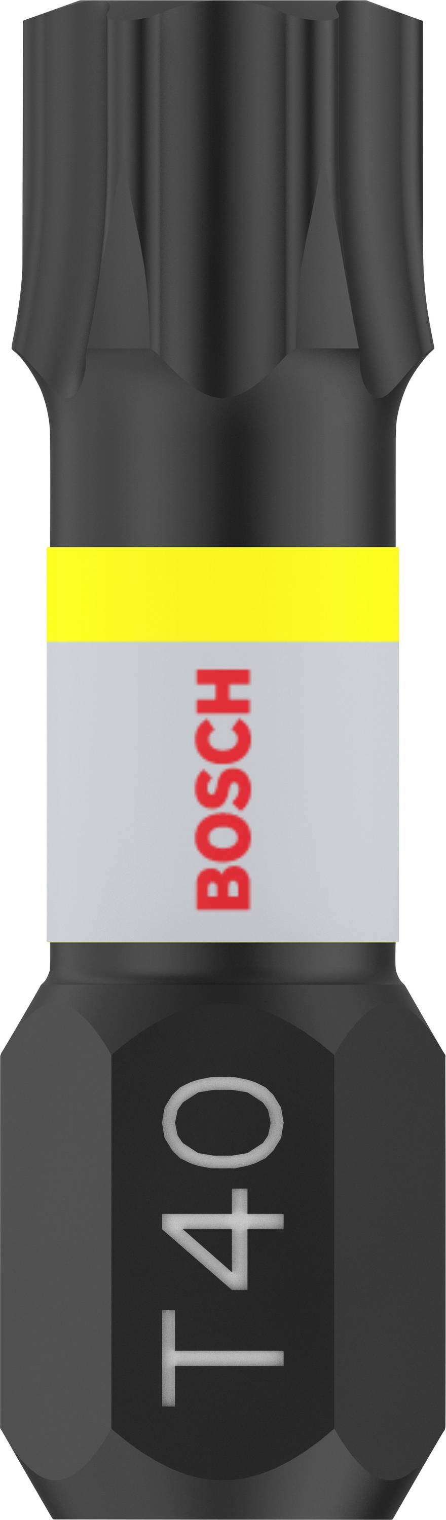 'Stern-Bit T40 Bosch' skruehovede med sort spids, grå og gul stribe. Mærkenavnet er trykt rødt på den grå sektion.