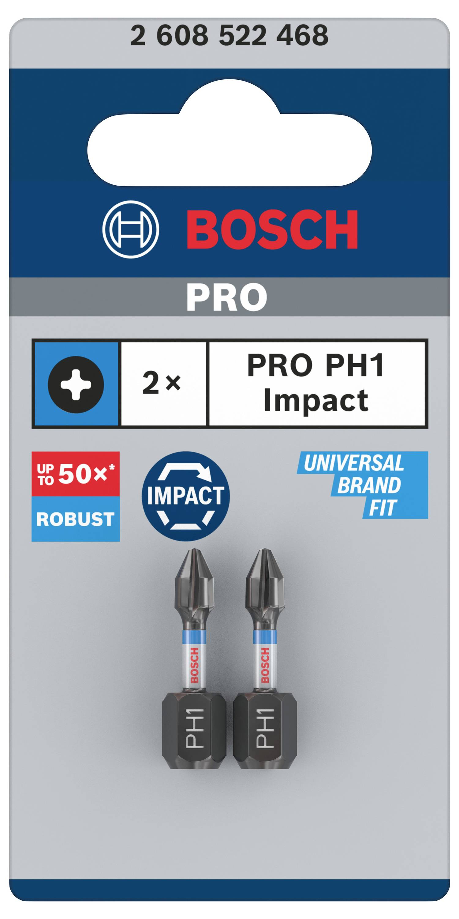Emballage fra Bosch PRO PH1 Impact Bits, viser to robuste bits. Tekst: 'PRO PH1 Impact', 'Universal Brand Fit', 'Robust op til 50%'.