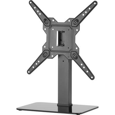 Sort TV-stander med justerbar arm. Egnet til forskellige skærmstørrelser. Fritstående på rektangulær base.
