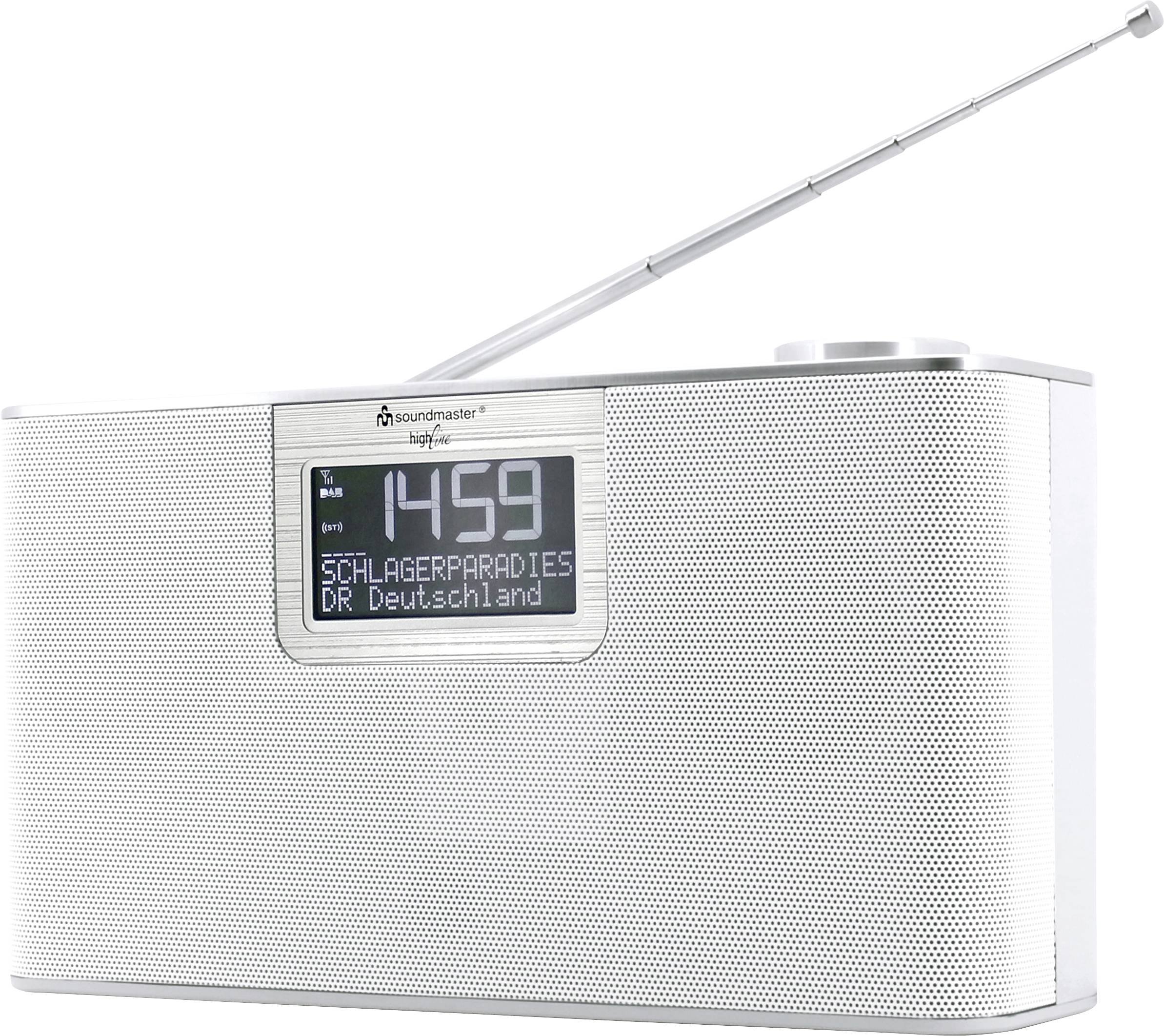 Et sølvfarvet digitalradio med udtrækbar antenne viser tiden '14:59' og kanalen 'Schlagerparadies DR Deutschland' på displayet.
