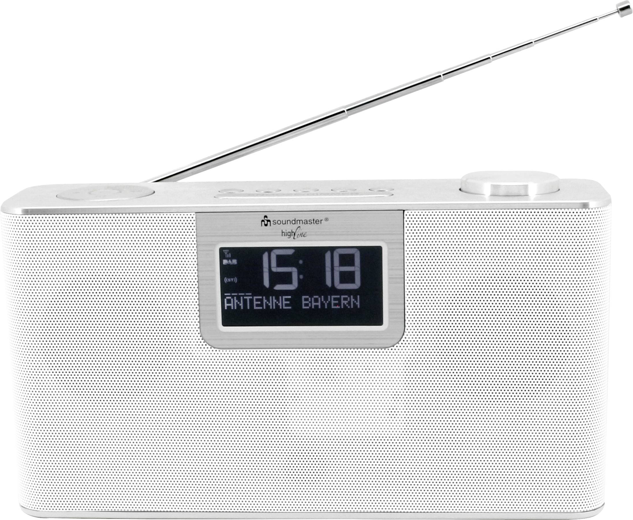Et bærbart radio med en antenne, viser på displayet klokkeslættet '15:18' og radiostationen 'Antenne Bayern'.