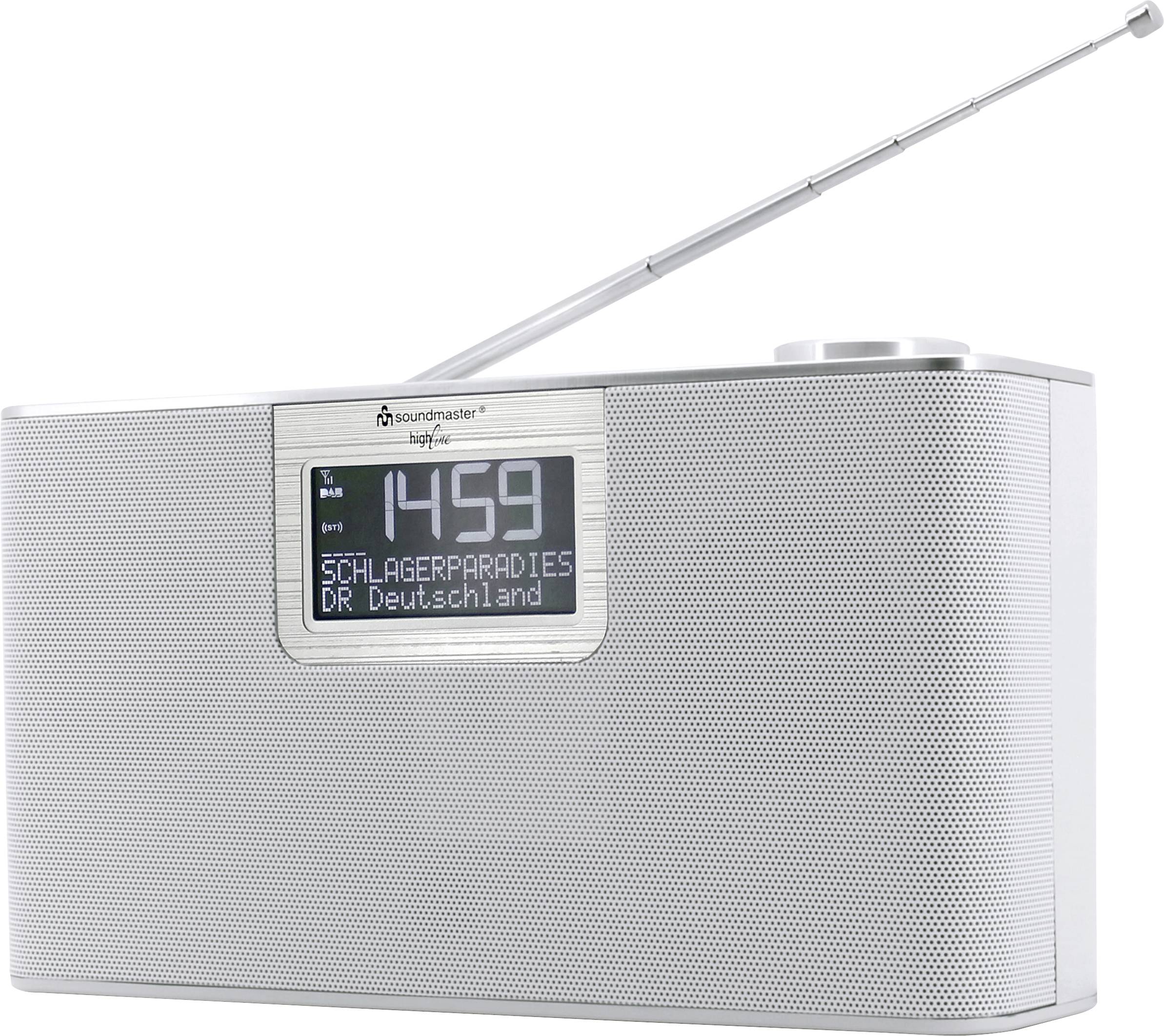 Et sølvfarvet bærbart radio med udtrukket antenne viser klokkeslættet '14:59' og radiokanalen 'Schlagerparadies'.