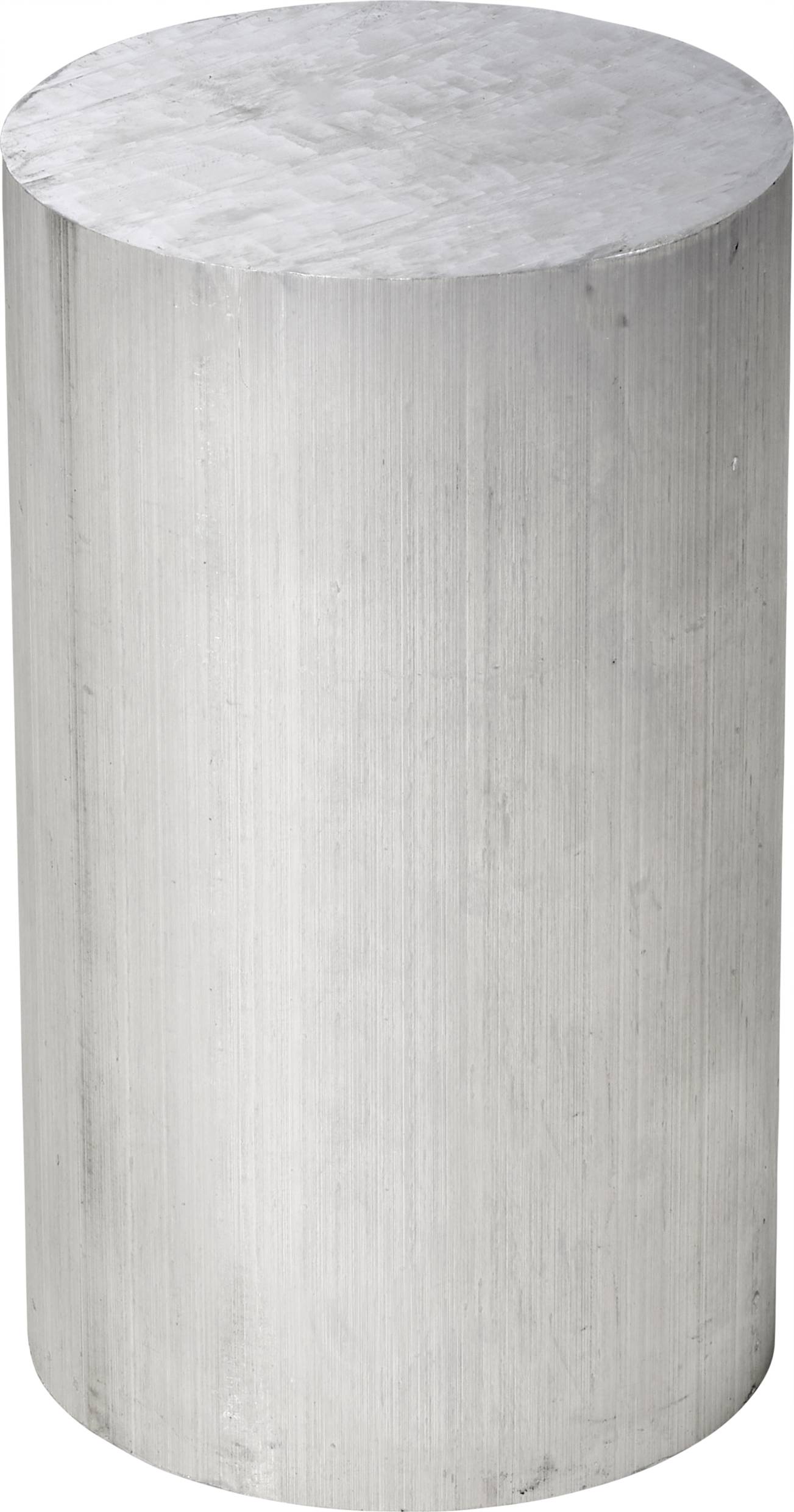 Cylindrisk aluminiumblok, stående oprejst. Glat, sølvfarvet overflade uden synlig mærkning eller yderligere detaljer.