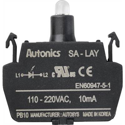 Sort switch fra mærket 'Autonics' med påtrykt 'SA-LAY', LED-lampe øverst, specifikationer 110-220V AC, 10mA, fremstillet i Korea.