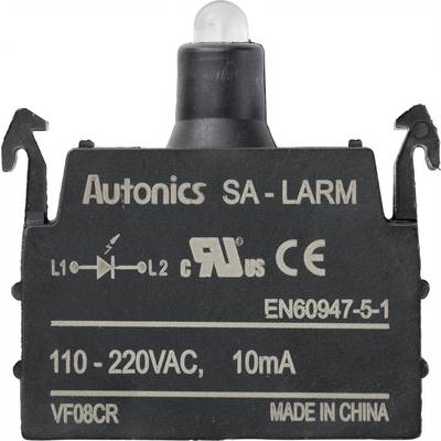 Sort elektrisk kontakt, mærket 'Autonics SA-LARM' og '110-220VAC, 10mA'. Viser CE-mærke og andre tekniske symboler.