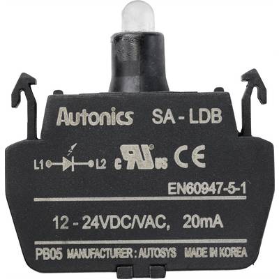 En sort elektronisk switch med påtrykt tekst, hvorunder der står '12-24VDC/VAC, 20mA'. Producentoplysninger og certificeringslogoer er til stede.