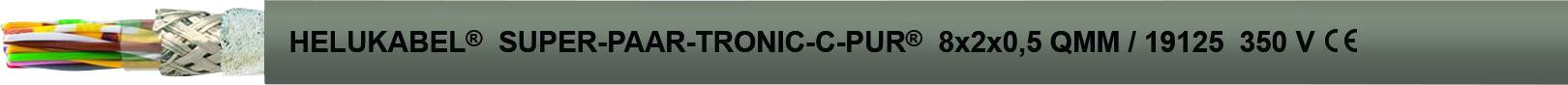 Et kabel med påskriften: 'HELUKABEL SUPER PAAR-TRONIC-C-PUR 8x2x0.14mm² 300 V'. Kablet viser farvede indvendige ledere.