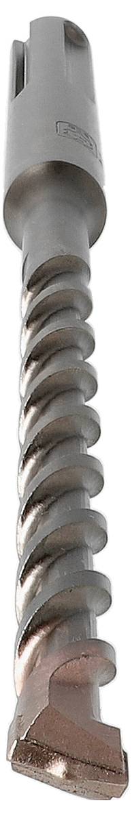 En metalbor med en spids og en spiralformet skaft, vist lodret på en hvid baggrund.