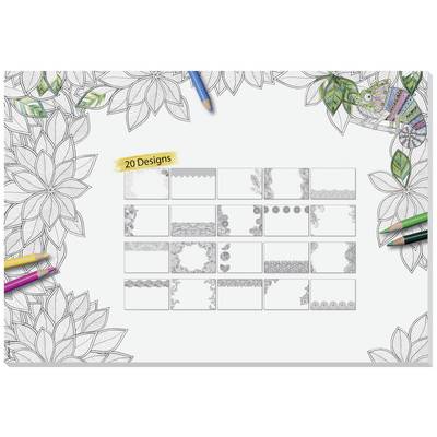 Tegning med blomsterkanter og farveblyanter. En kamæleon sidder øverst til højre. Note med '20 designs'.