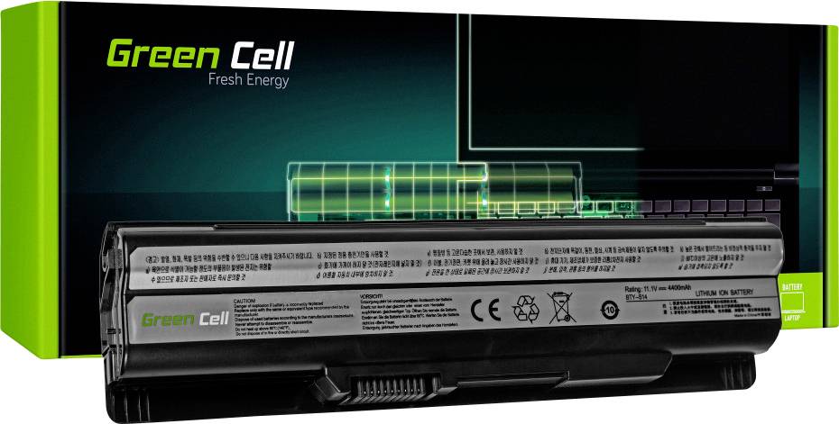 Notebookbatteri fra Green Cell foran grøn-sort emballage med 'Green Cell Fresh Energy' påskrift.