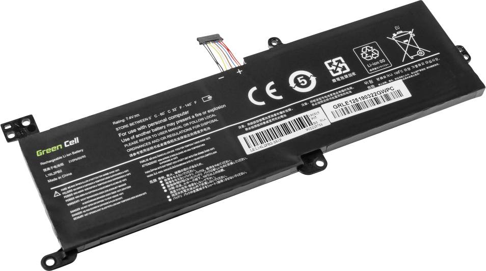 Sort bærbar computer-batteri med tekniske specifikationer og sikkerhedssymboler på forsiden.