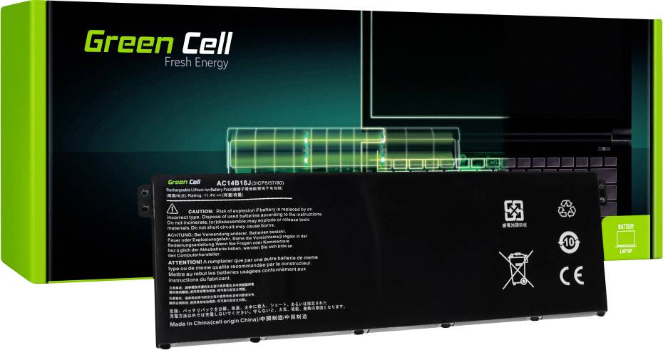 'Akkupack Green Cell' foran en grøn baggrund. Emballagen i baggrunden viser teksten 'Green Cell Fresh Energy'.