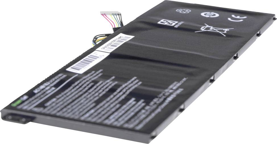 En flad, sort bærbar computer-batteripakke med flere kabler og mærkater. Der er symboler og tekniske specifikationer synlige på batteriet.