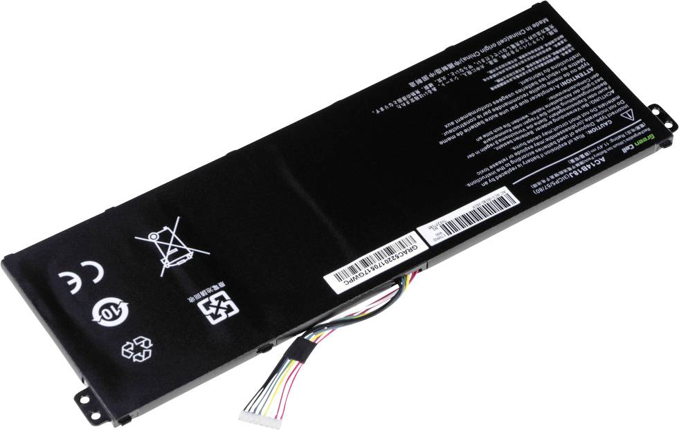 Et rektangulær, flad bærbar computer-batteri med flere tekniske påtryk, nogle symboler og en kabelstang på siden.
