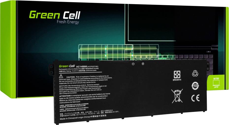 Sort laptop-batteri fra Green Cell foran en emballage med grønt tryk 'Green Cell Fresh Energy'.