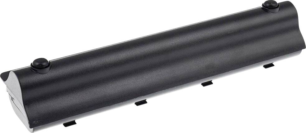 Sort laptopbatteri i rektangulær form, flankeret af to runde tilslutningskontakter øverst.