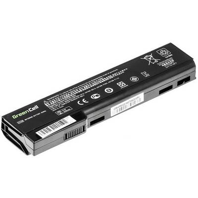 En bærbar computer-batteripakke fra "Green Cell" med tekniske etiketter og sikkerhedsadvarsler. Rektangulær, sort form med stikforbindelser.