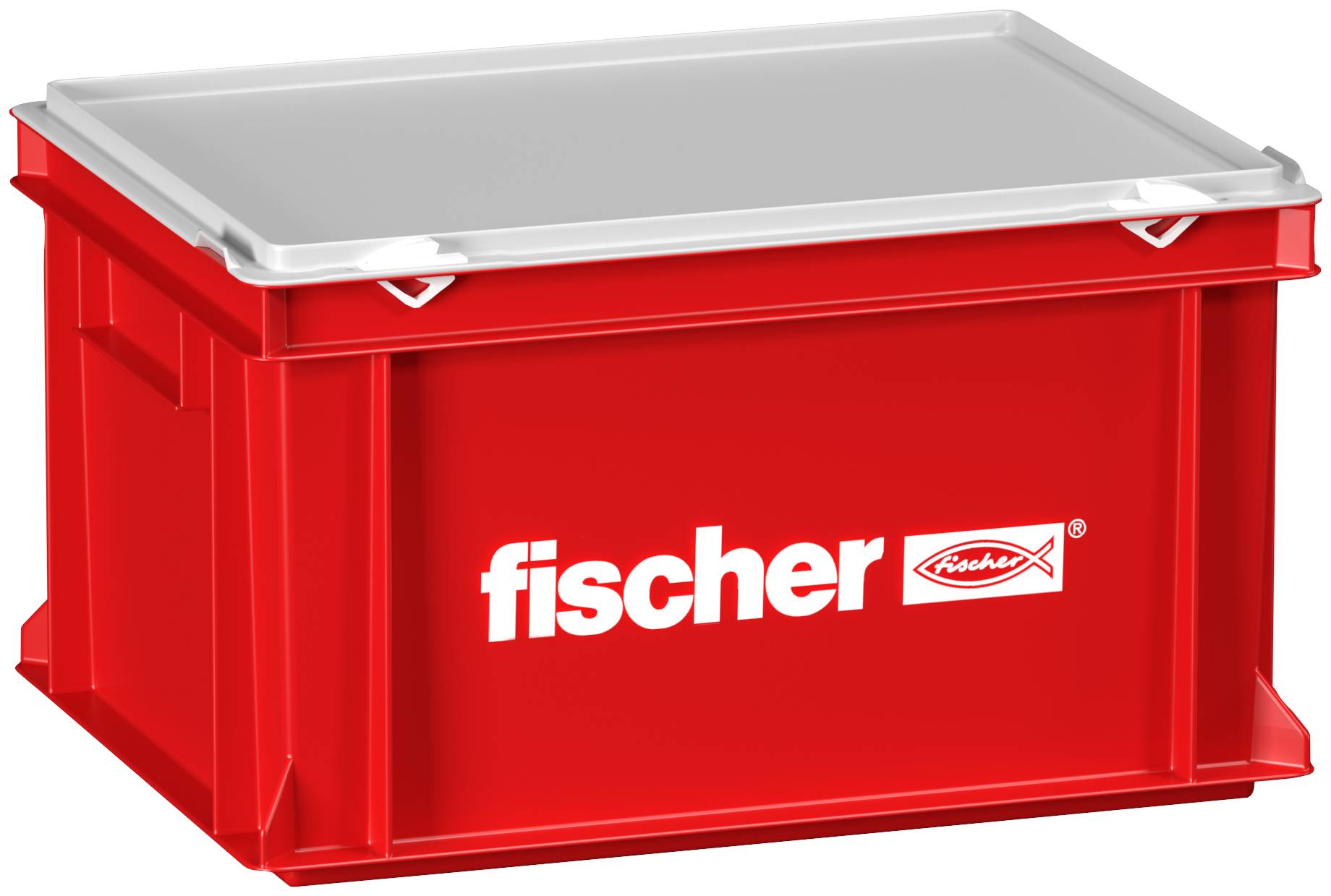 Rød plastiklager-kasse med grå låg, mærket 'fischer' på siden.