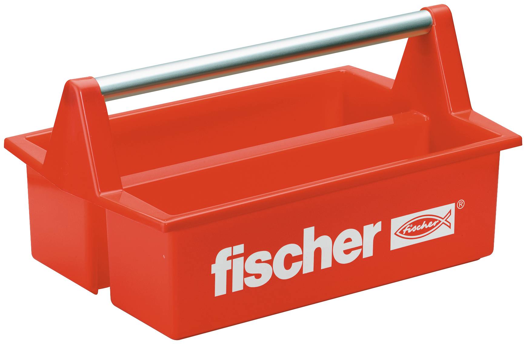 Rød Fisher værktøjskasse med metalhandle til transport på hvid baggrund.