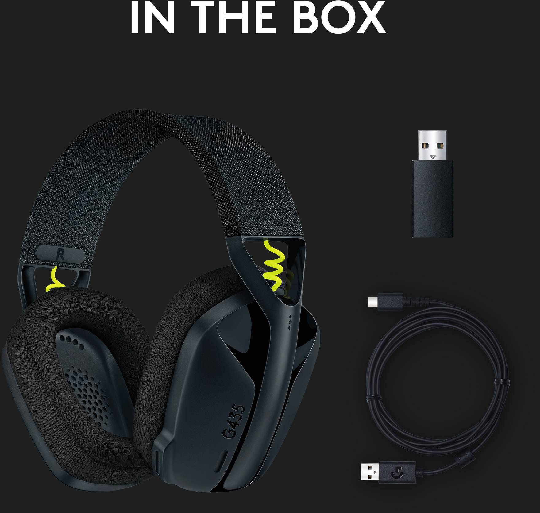 Figuren viser et par sorte høretelefoner, en USB-modtager og et opladningskabel på sort baggrund. Øverst står der 'INDHOLD'.