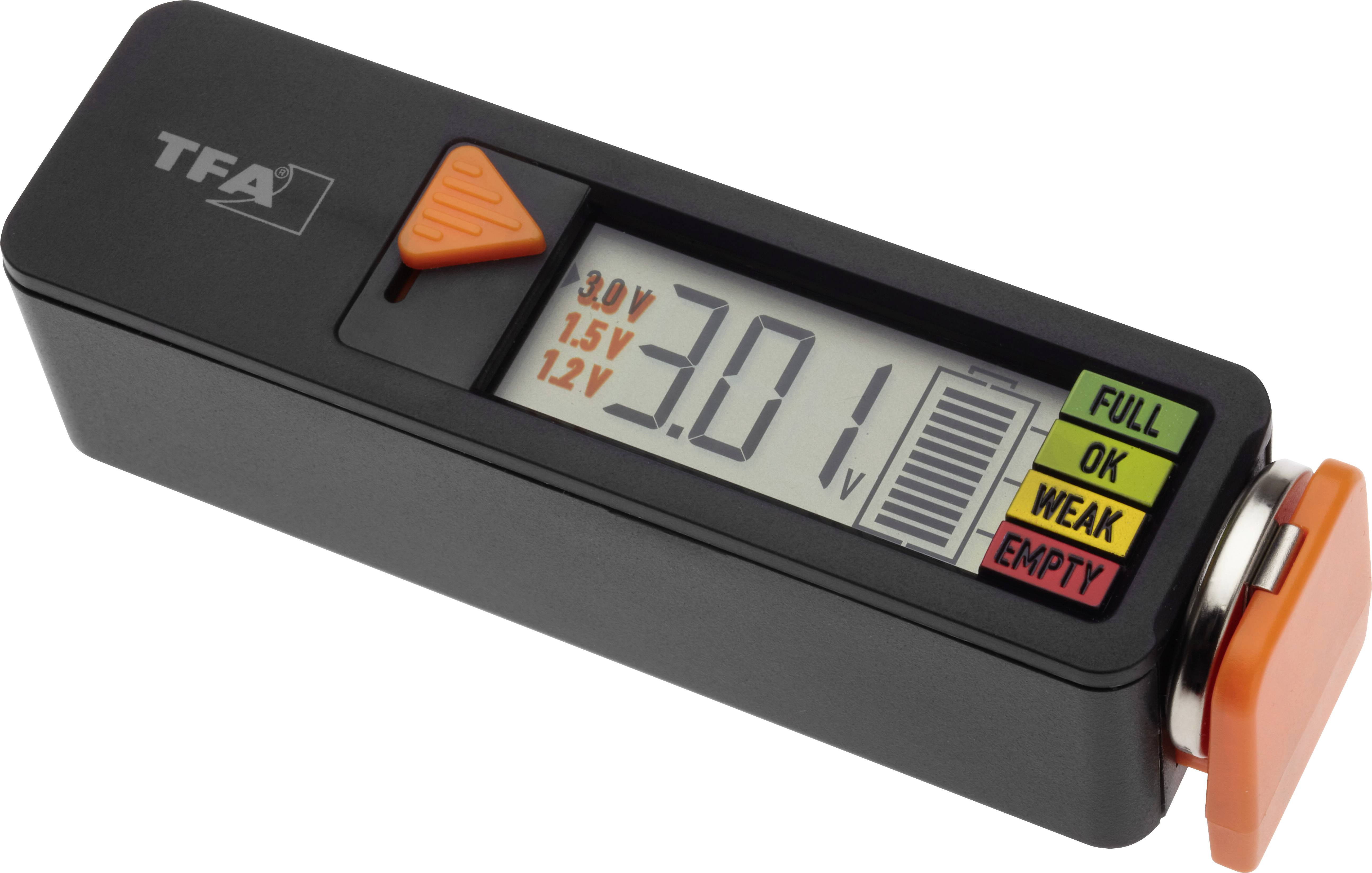 En batteritester med digitalt display viser '3.0V'. Farvekodet diagram til højre: grøn for 'FULD', gul 'OK', rød 'SVAG/TOM'.