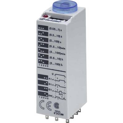 Elektronisk tidsrelæ med drejeknap til tidsindstilling, påtrykte tidsintervaller og elektriske tilslutningssymboler.