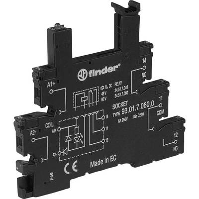 Elektrisk relæ, type 93.01.7.060.0 fra Finder, viser koblingsskema og specifikationer: 6A, 250V, spole 48V, med CE-mærkning.