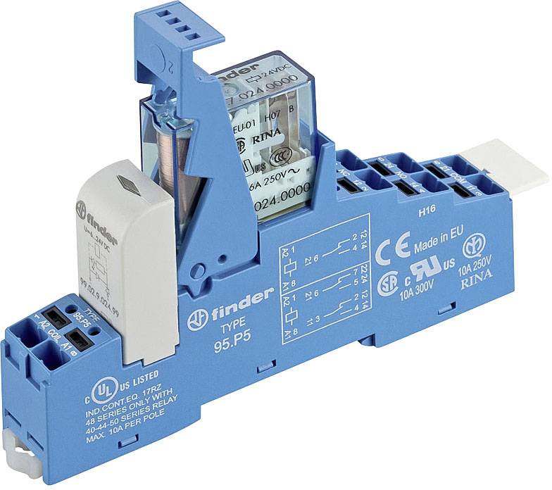 Elektrisk relæ i blåt hus, mærket 'finder TYPE 95.P5'. Fremstillet i EU, spænding op til 250V, 10A.