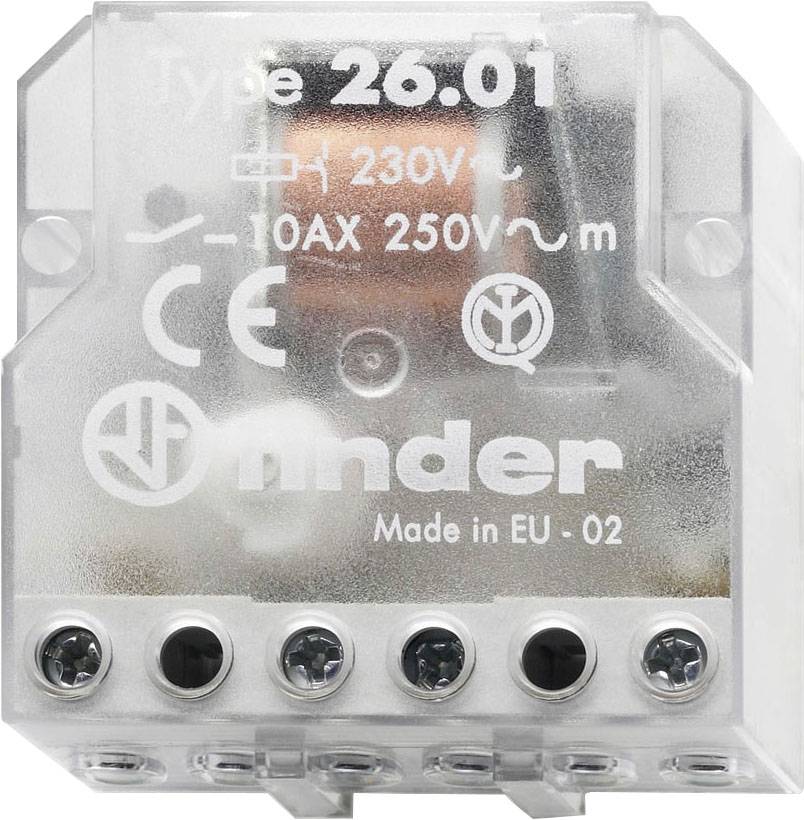 'Relæ Type 26.01', klar transparent kabinet, specifikationer: 230V AC, 10AX 250V~. Fem tilslutningsklemmer synlige nedenunder.