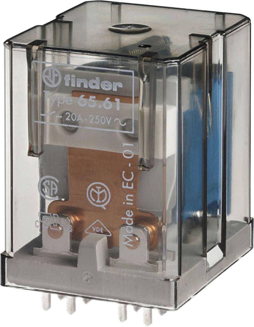 Et relæ med transparent kabinet, type 65.61, 20A, 250V, fremstillet i EU. Synlige metalcontakter og elektroniske komponenter.