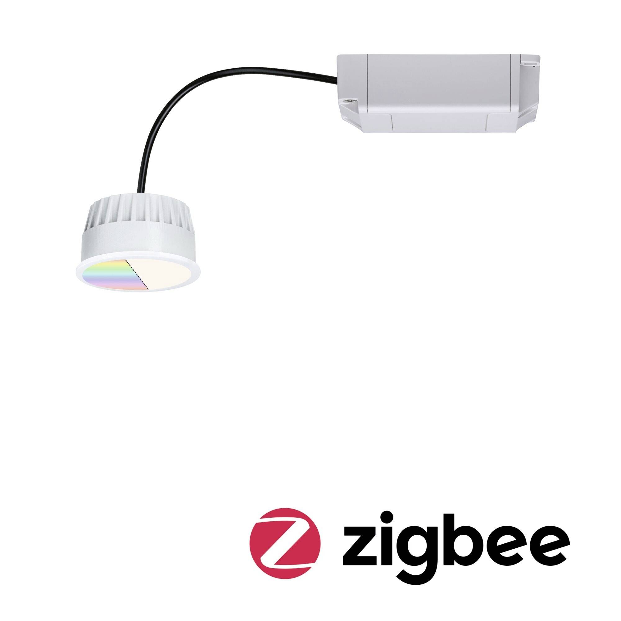 Zigbee-logo med et LED-lys og en kontrolboks, viser smart belysningsløsning.