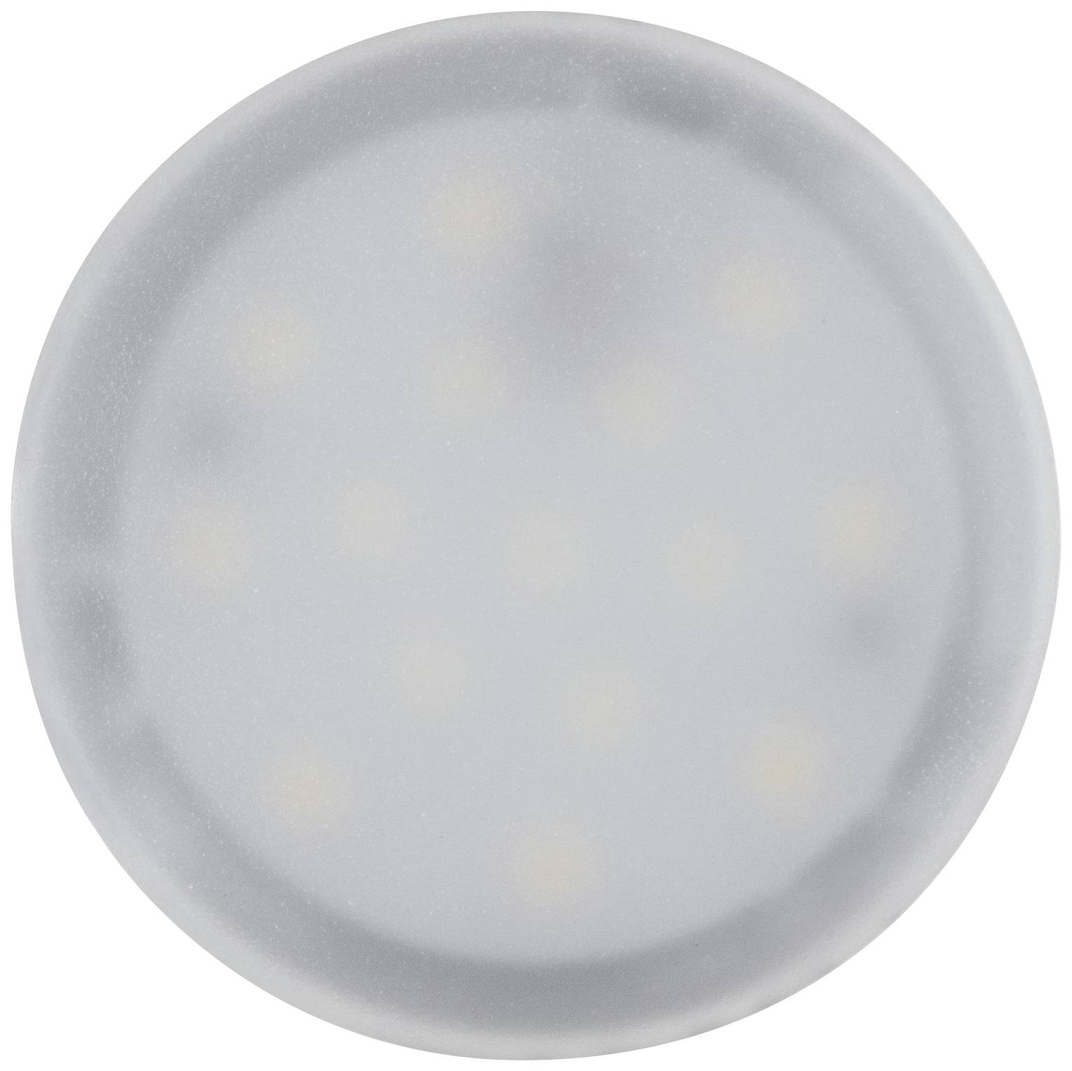 En rund, sløret LED-lampe med flere små lyspunkter, der er jævnt fordelt. Overfladen fremstår mat og mælkehvid.
