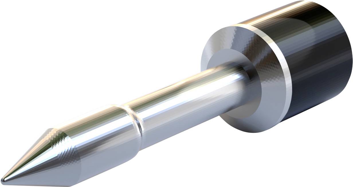 Metalcylinder med spids ende og bredere, flad top.