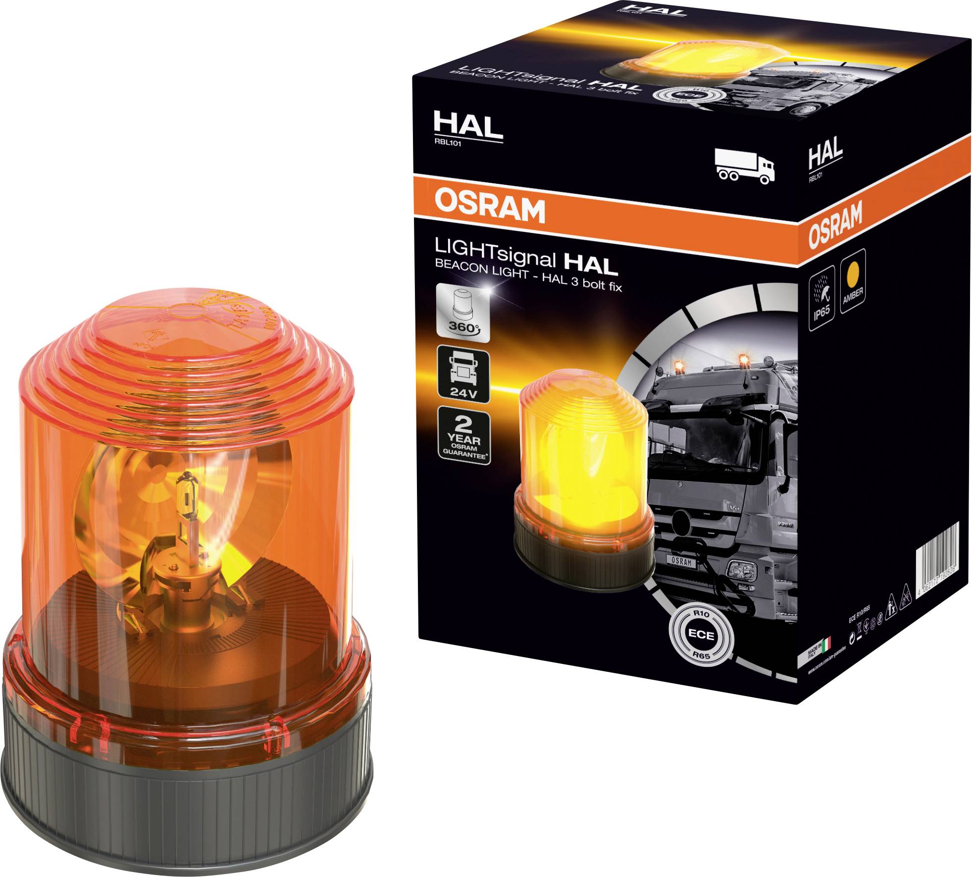 Orange rundlys 'LIGHtsignal HAL' fra OSRAM, viser produktemballage og armatur, egnet til køretøjer, 24V, ECE-godkendt.