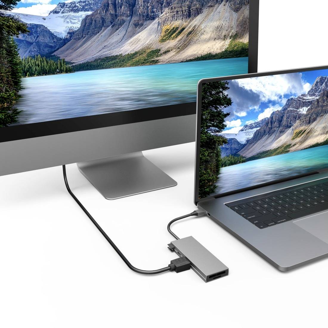 En bærbar computer er forbundet med en skærm via en adapter, og begge viser et identisk landskab med bjerge og en sø.