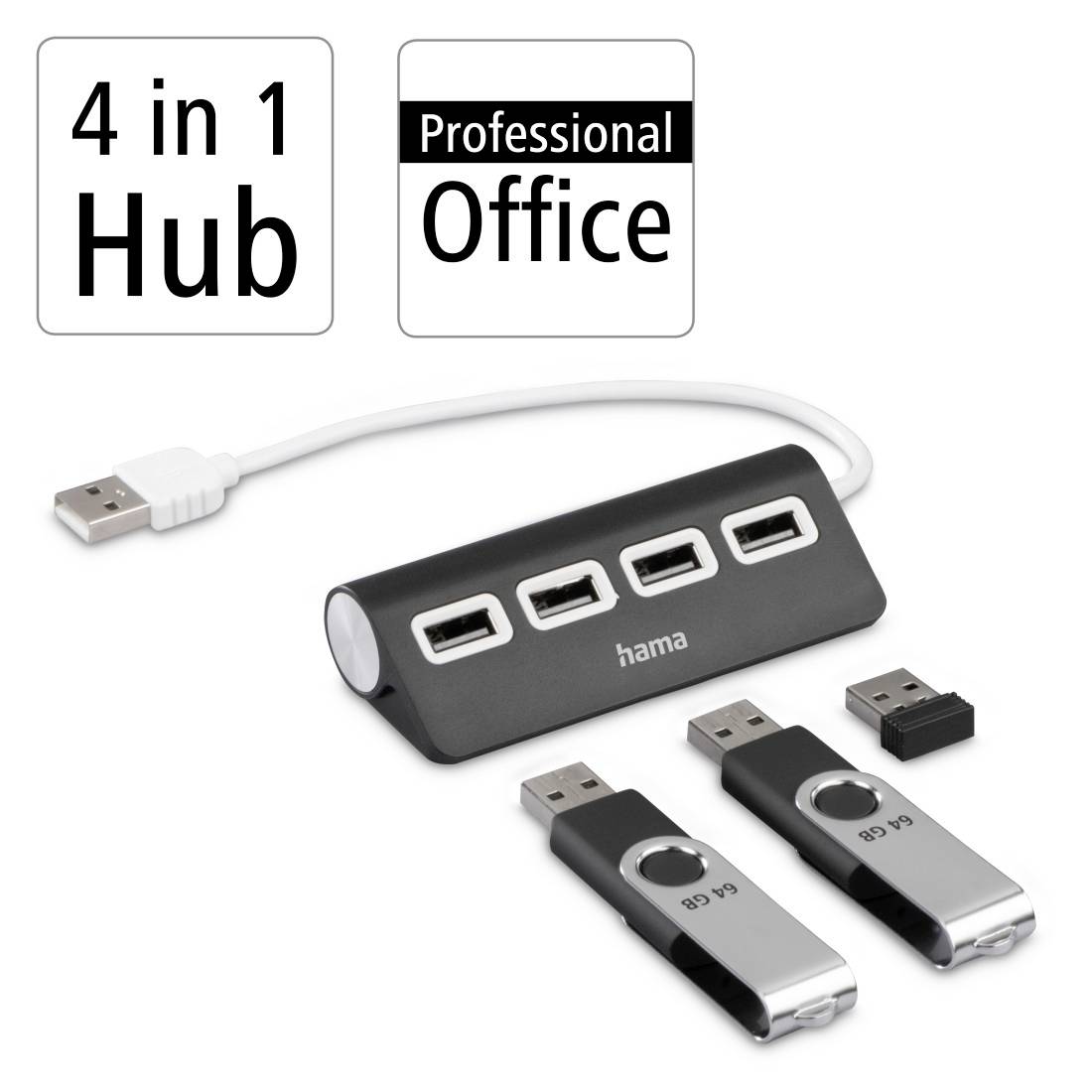 En USB-hub med fire porte, mærket som '4 i 1 Hub' og 'Professional Office', ved siden af tre USB-stik og en adapter.