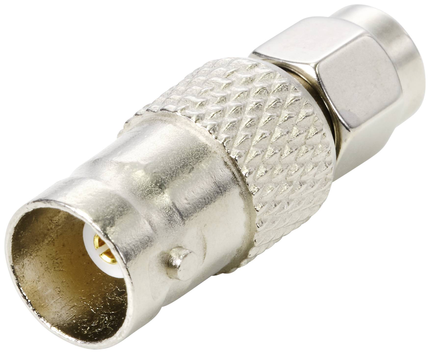 En sølvfarvet koaksialstik med riflet overflade og metallisk gevind, egnet til kabelforbindelser inden for elektronik.