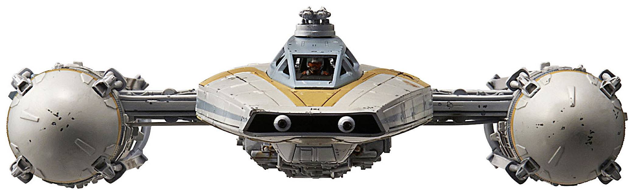 Et futuristisk rumskib med to store kugleformede motorer, en central cockpit og et detaljeret, teknisk design.