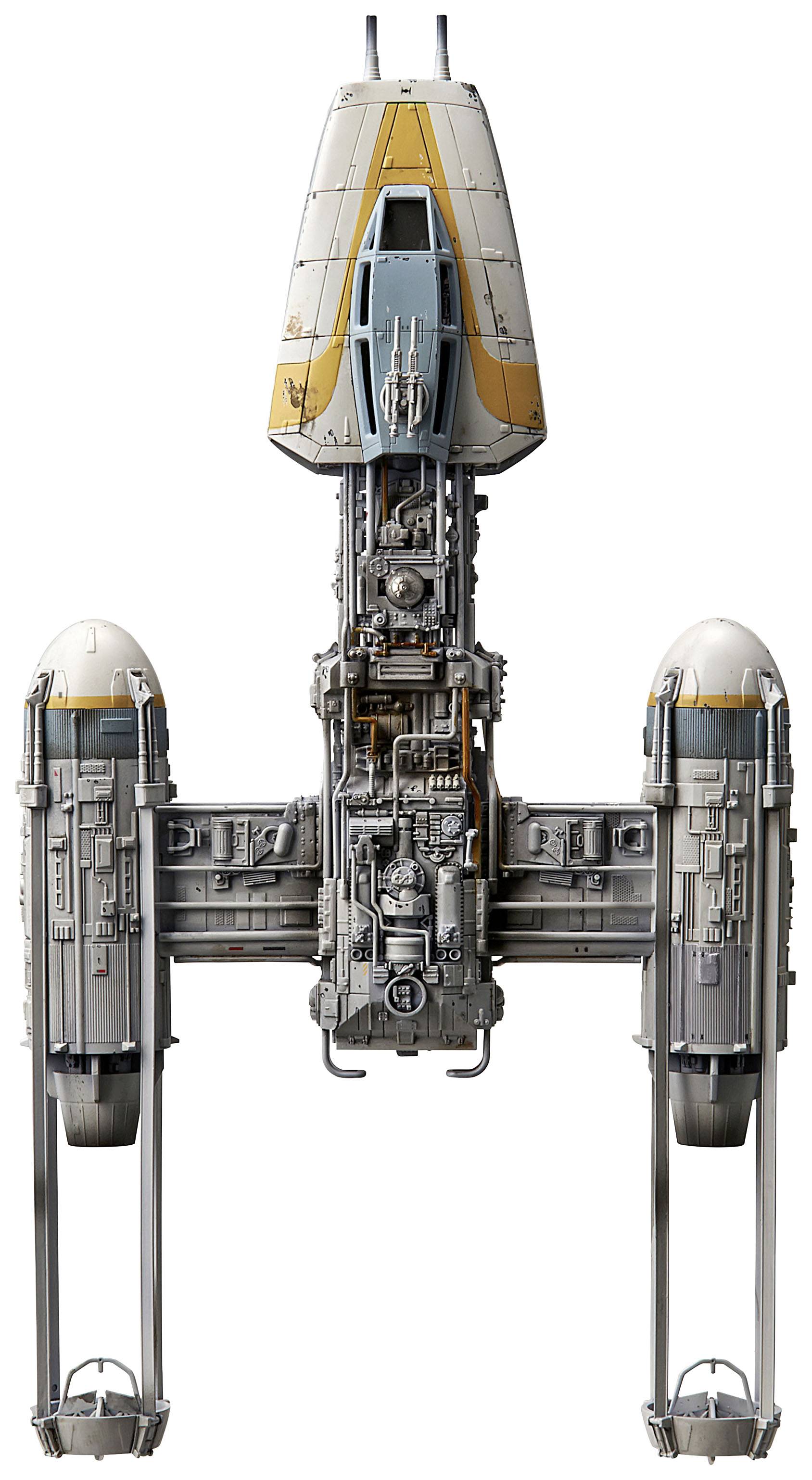 En detaljeret model af et rumfartøj med to lange vertikale vinger og en central krop. Designdetaljer er synlige.